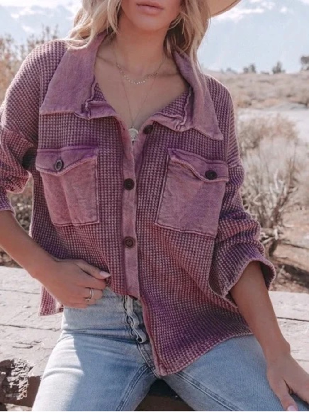 Bucket List Kayla Waffle Knit Shacket In Washed Fuchsia